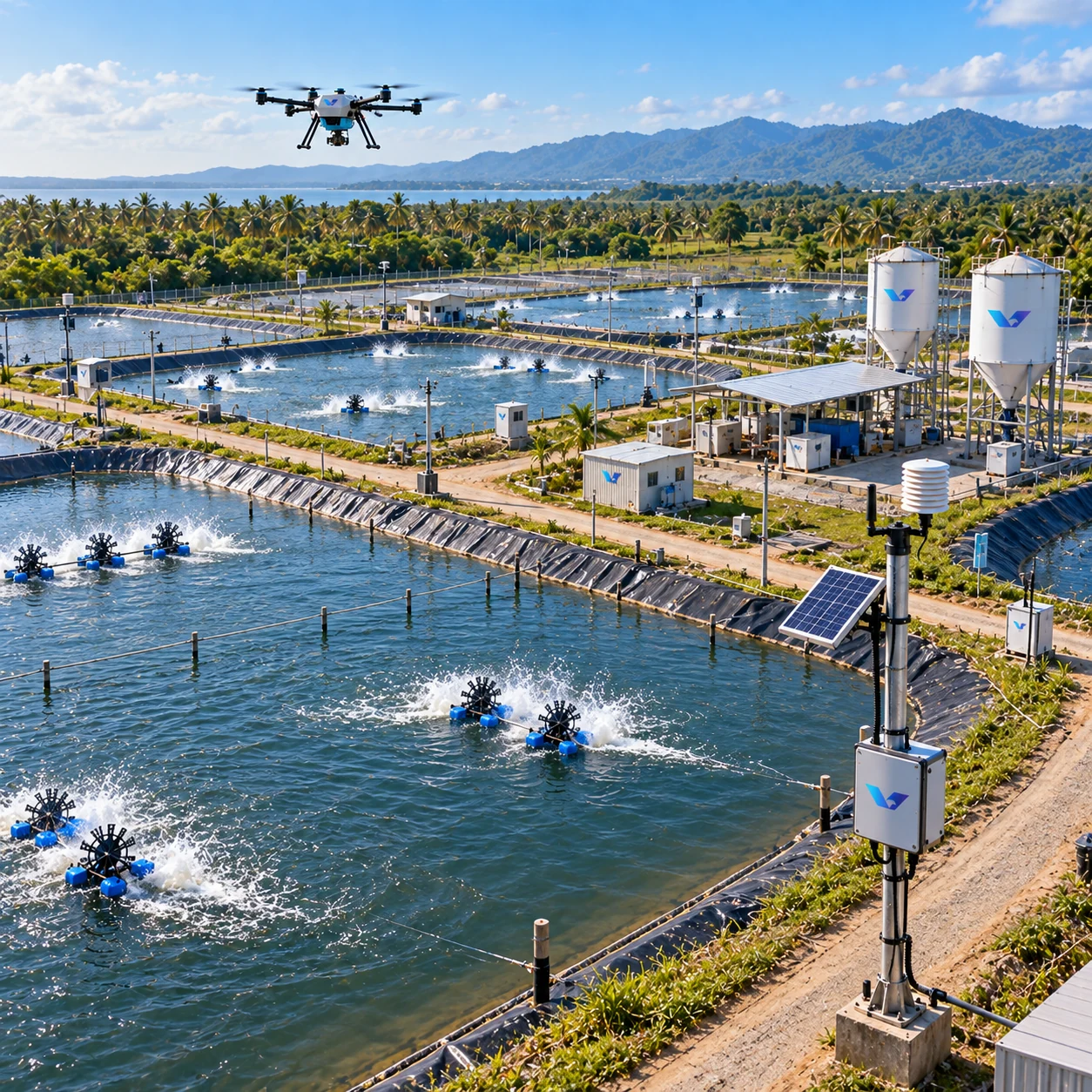 Aerial view of connected aquaculture ponds
