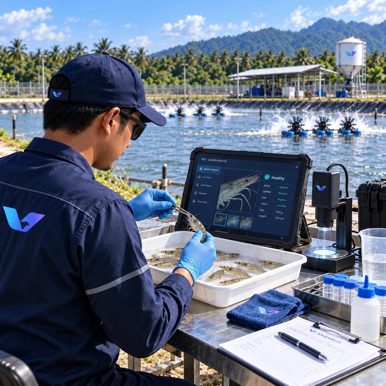 Shrimp health analysis beside the pond