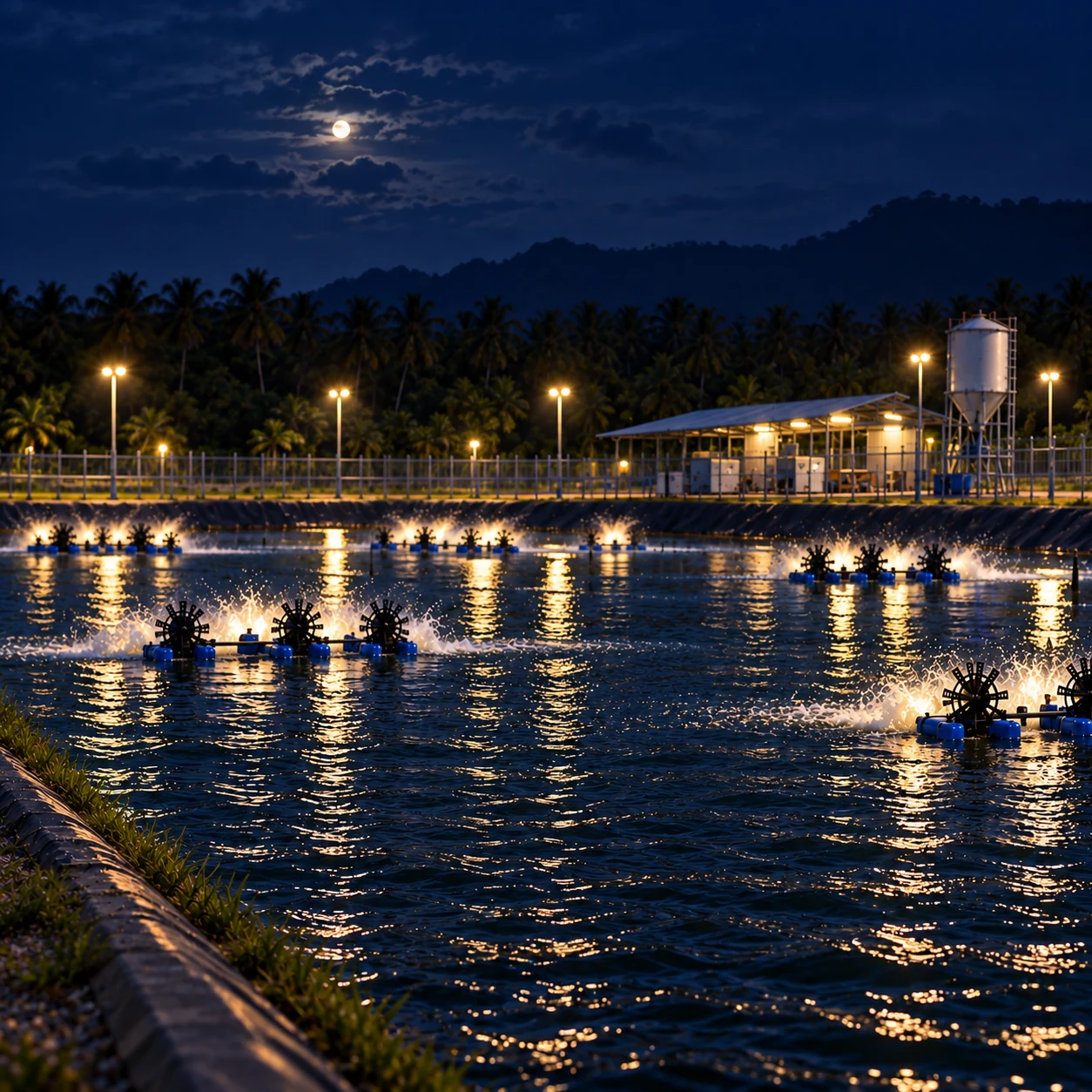 Moonlit aquaculture farm with active aeration