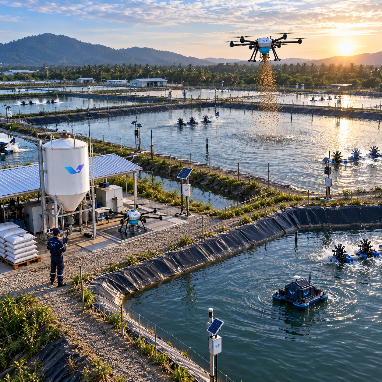 Connected aquaculture automation operating across multiple ponds