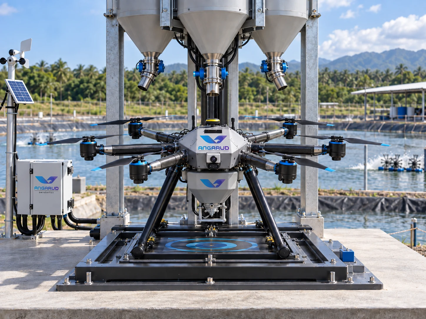 AeroFeed refill and launch station beside a pond