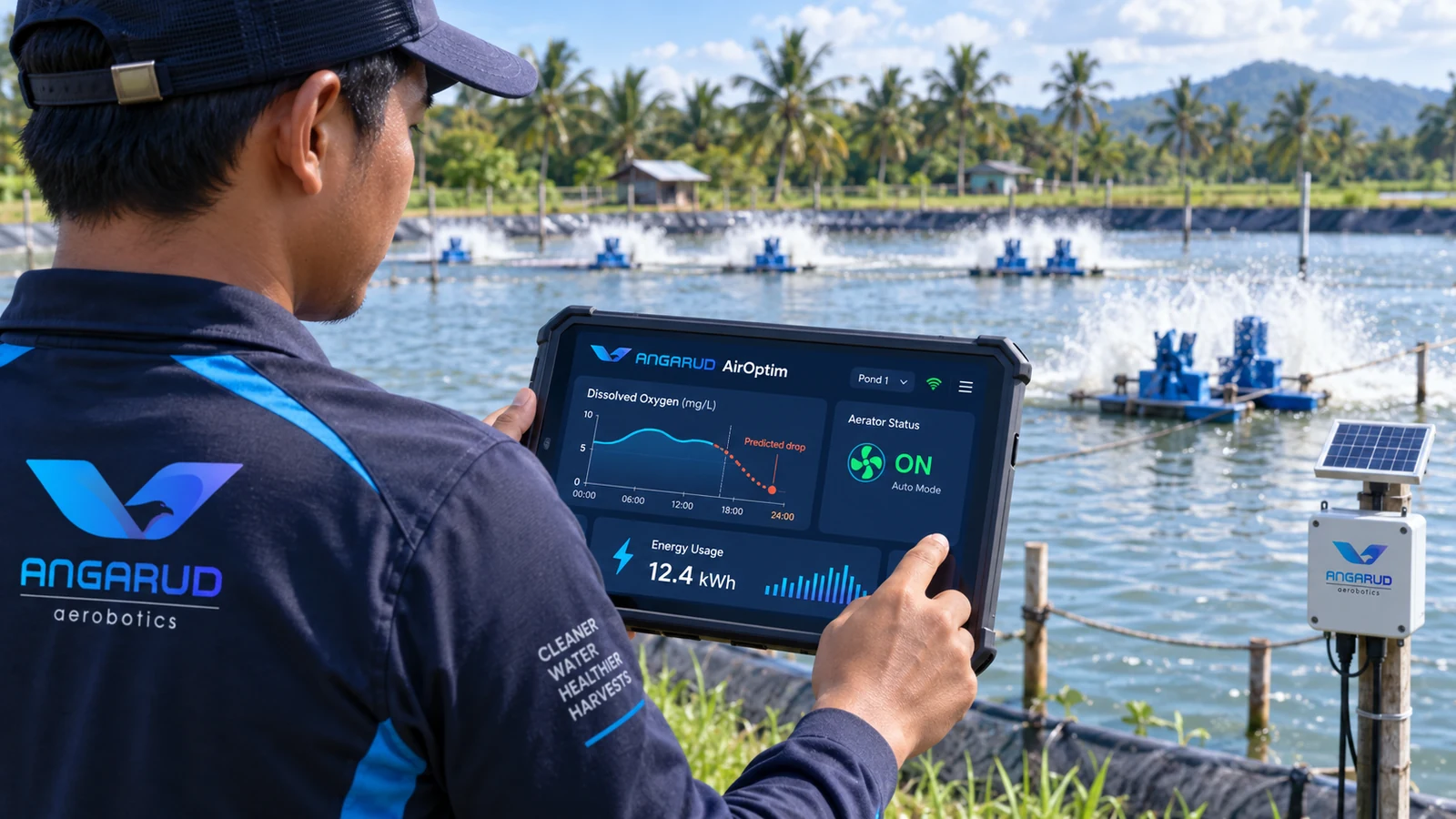 AirOptim dashboard used beside an aquaculture pond