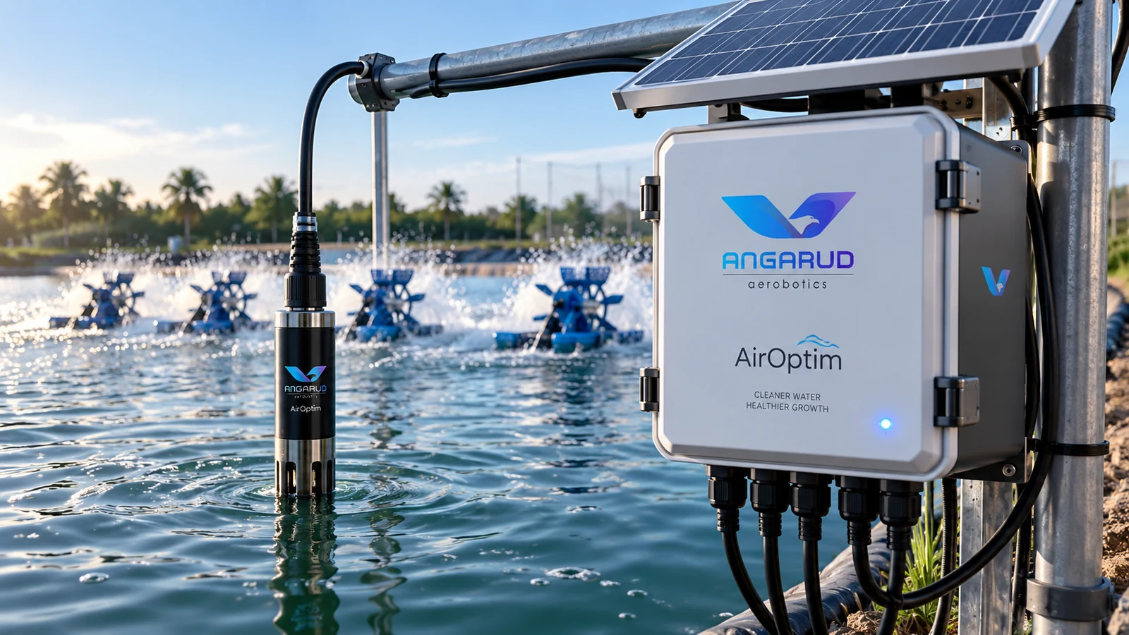 AirOptim sensing and controller hardware beside an operating pond