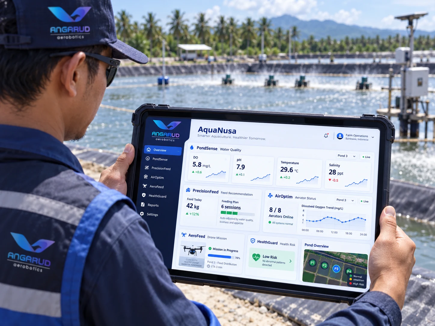 AquaNusa rugged laptop dashboard at a pond